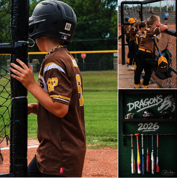 Young baseball player in Dragons jersey at the batting cage — Shai'bug Photography sports session