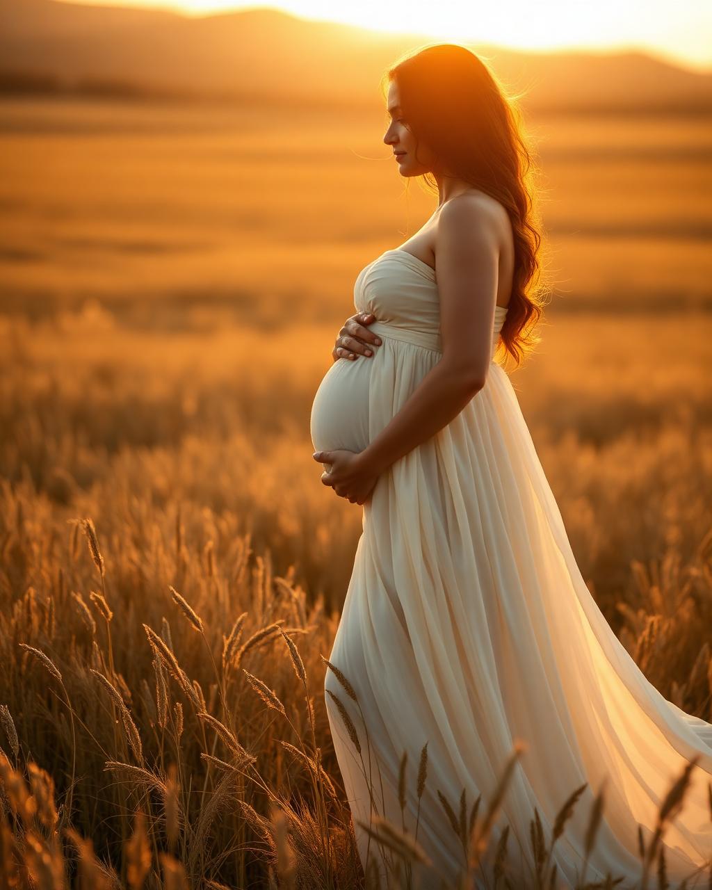 Maternity portrait in flowing gown at golden hour
